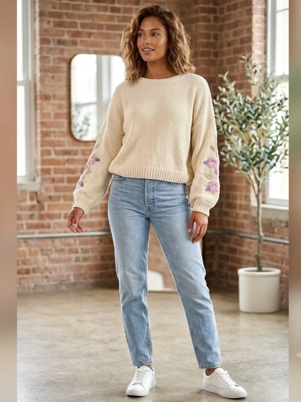 Harper Heritage cream chenille  cottagecore sweater embroidered flowers medium